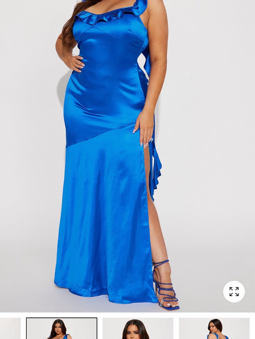 Fashion Nova Royal Blue Satin Ruffle-Trim Maxi Dress